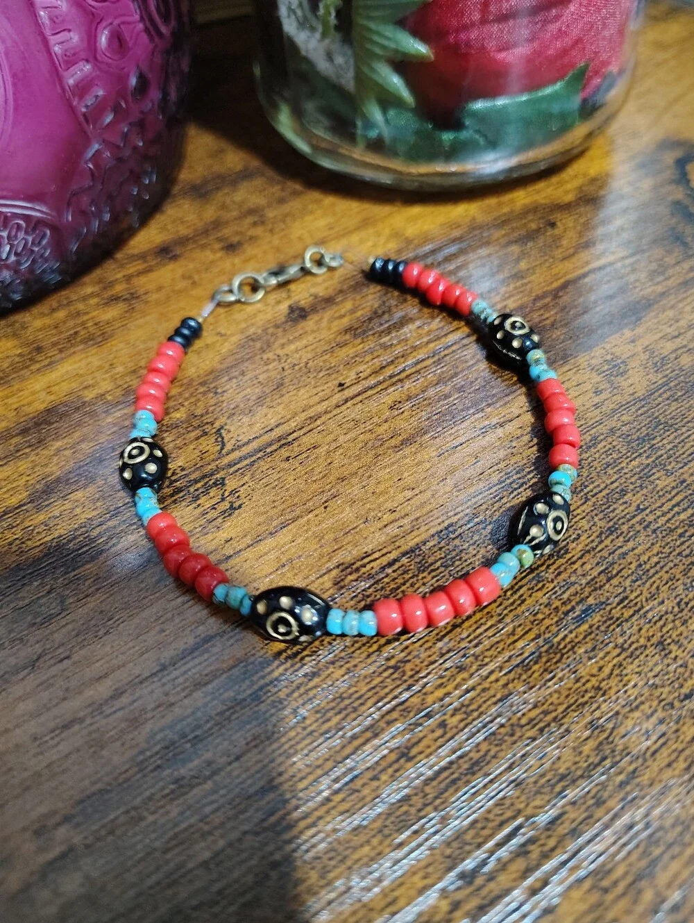 Handcrafted Coral Red & Turquoise Men's Beaded Bracelet with Black Accent Beads